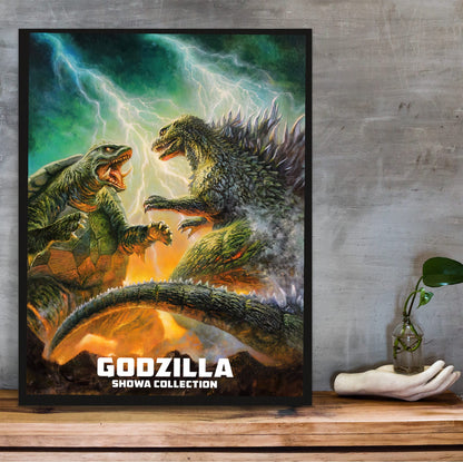 Godzilla Showa Era Movie Collection Art poster in a black frame on a wooden shelf against concrete