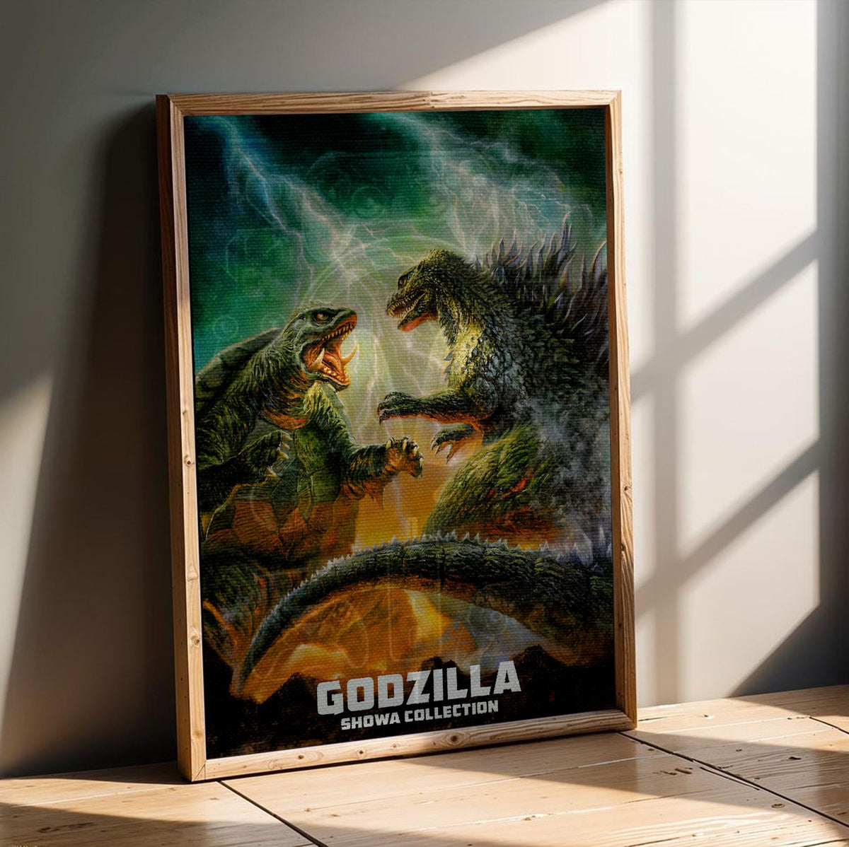 Godzilla Showa Era Movie Collection Art poster in an oak frame leaning on a wooden floor