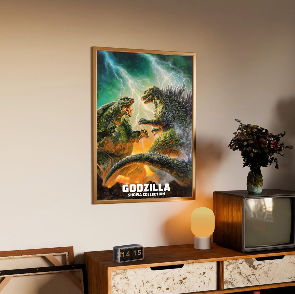 Godzilla Showa Era Movie Collection Art poster in an oak frame above a sideboard