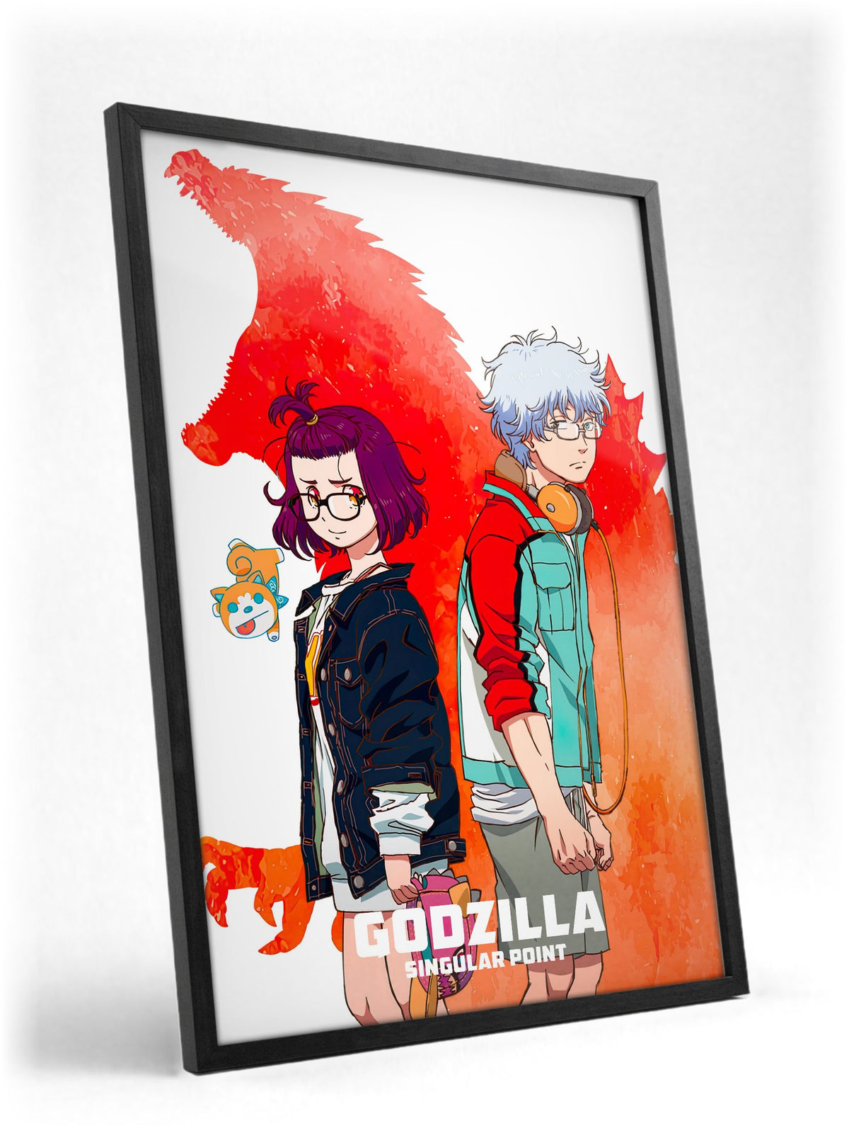 Godzilla Singular Point Key Art poster in a black frame with glass leaning against a wall