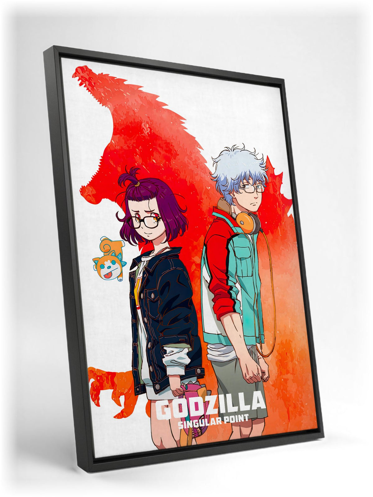 Godzilla Singular Point Key Art as a black floater framed canvas leaning against a wall