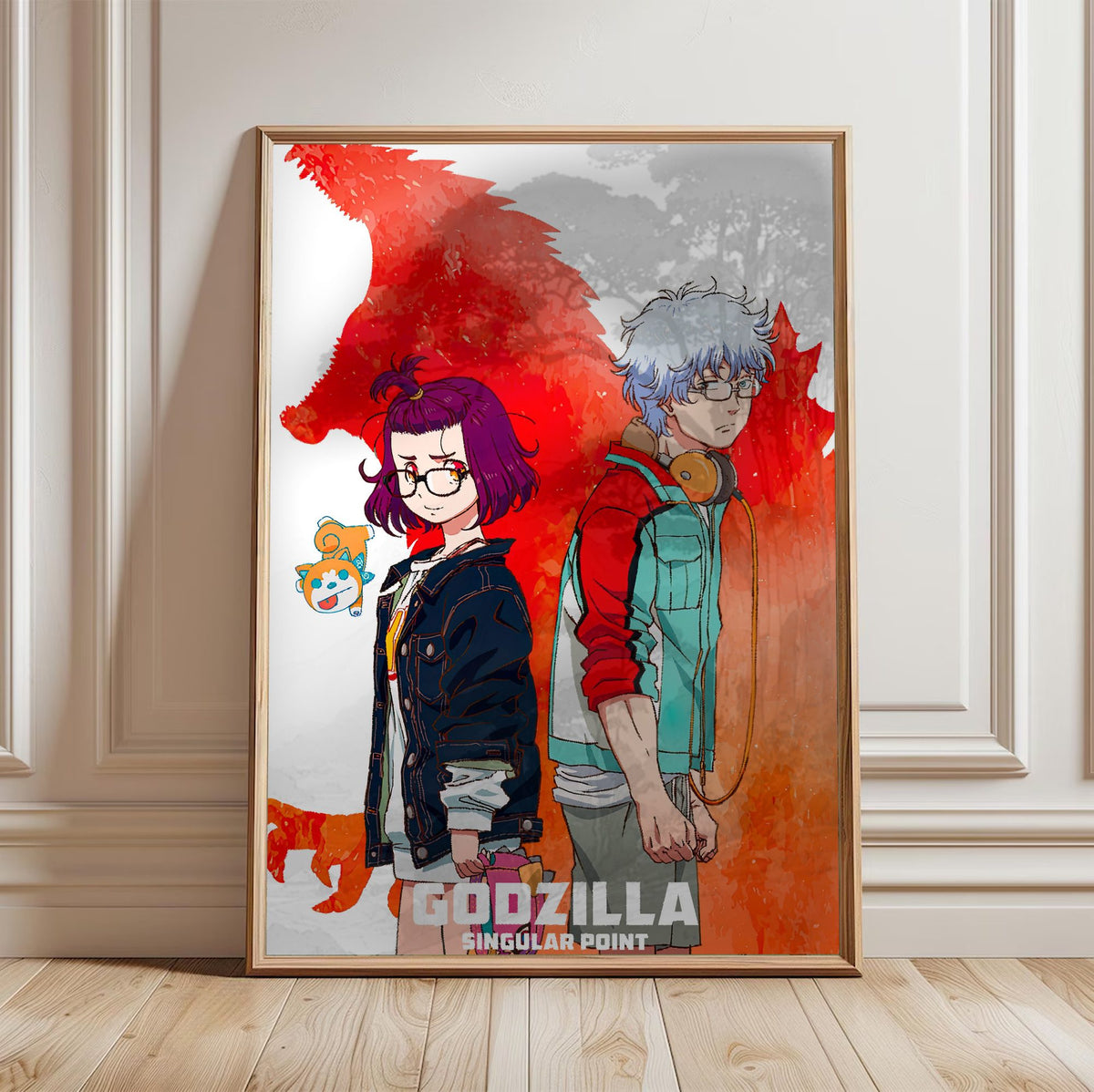 Godzilla Singular Point Key Art poster in a light oak frame leaning against a white wall