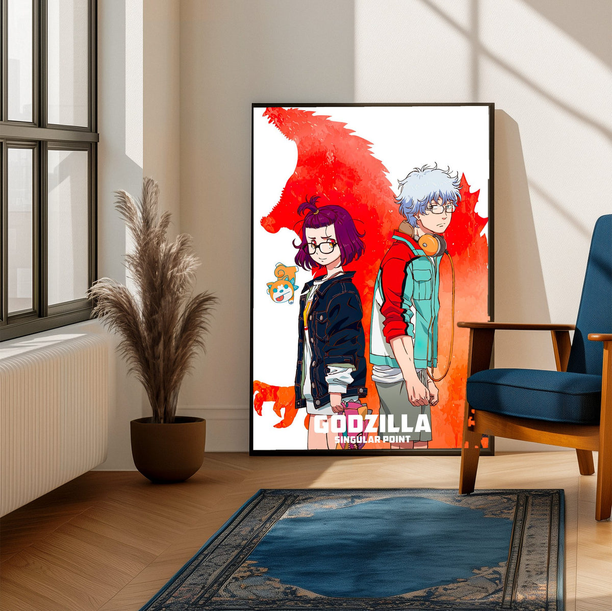 Godzilla Singular Point Key Art poster framed beside a blue armchair in a sunlit room
