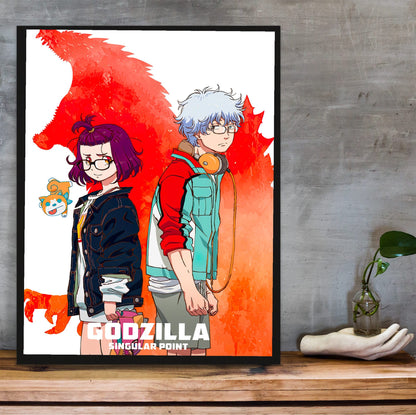 Godzilla Singular Point Key Art poster in a black frame on a wooden shelf against concrete