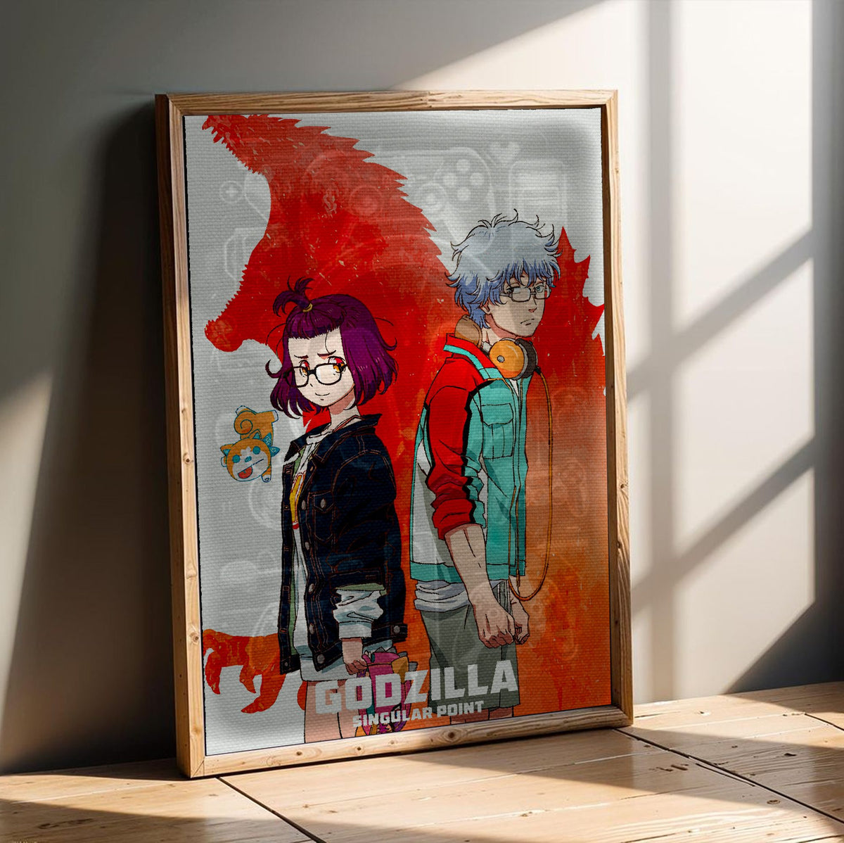 Godzilla Singular Point Key Art poster in an oak frame leaning on a wooden floor