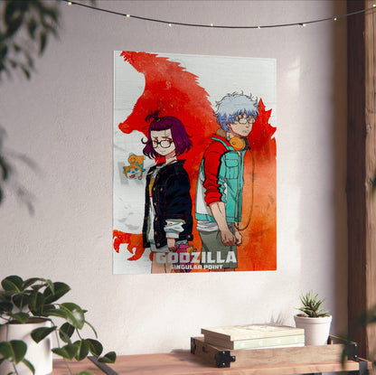 Godzilla Singular Point Key Art poster unframed on a white wall above a desk