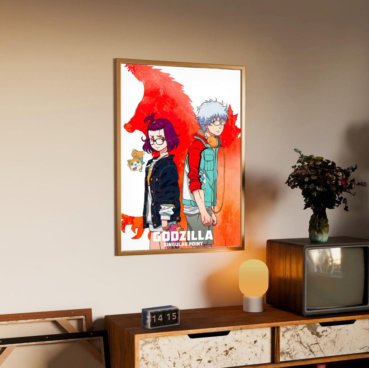 Godzilla Singular Point Key Art poster in an oak frame above a sideboard