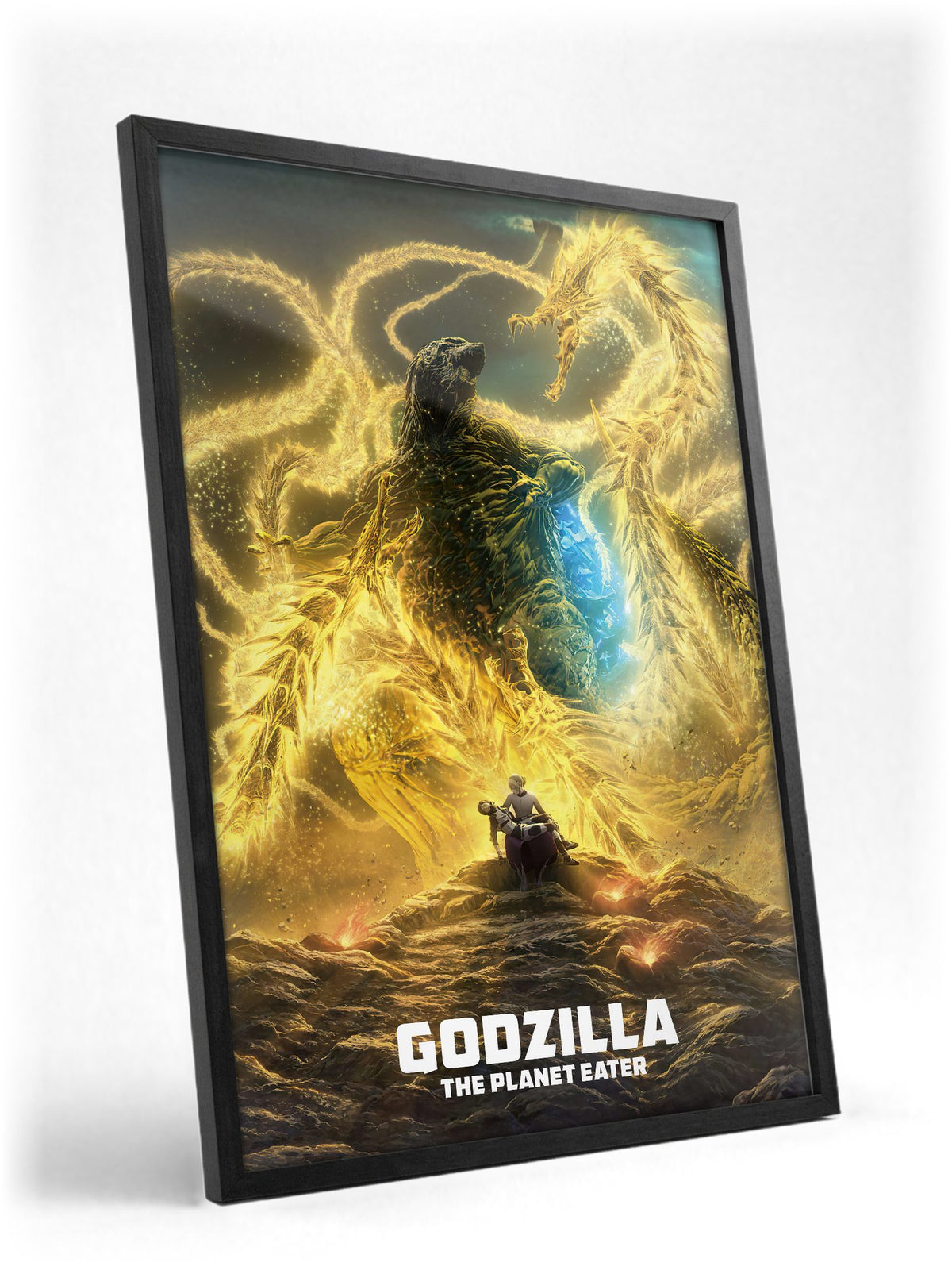 Godzilla: The Planet Eater (2018) Movie Key Art poster in a black frame with glass leaning against a wall