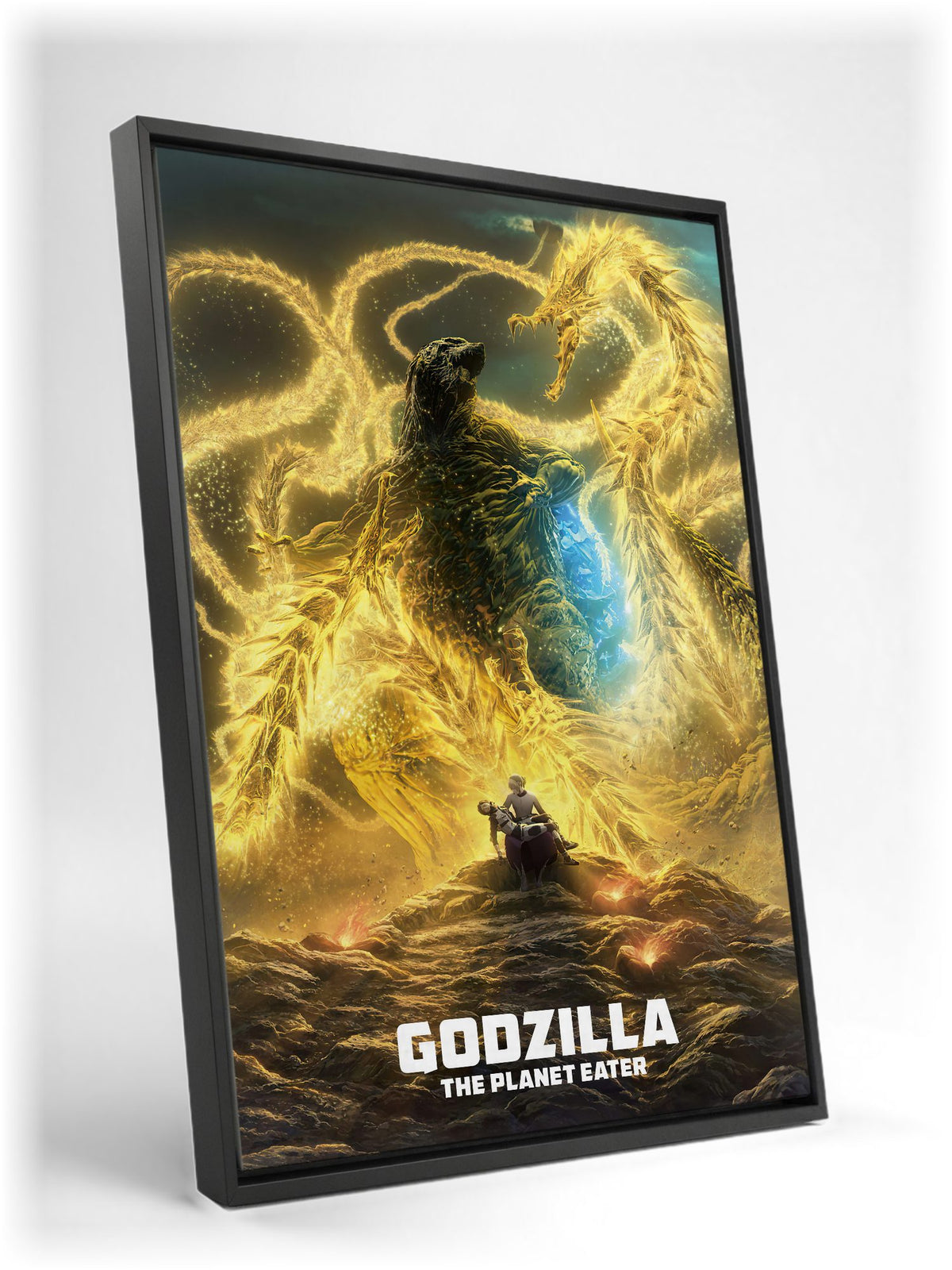 Godzilla: The Planet Eater (2018) Movie Key Art as a black floater framed canvas leaning against a wall
