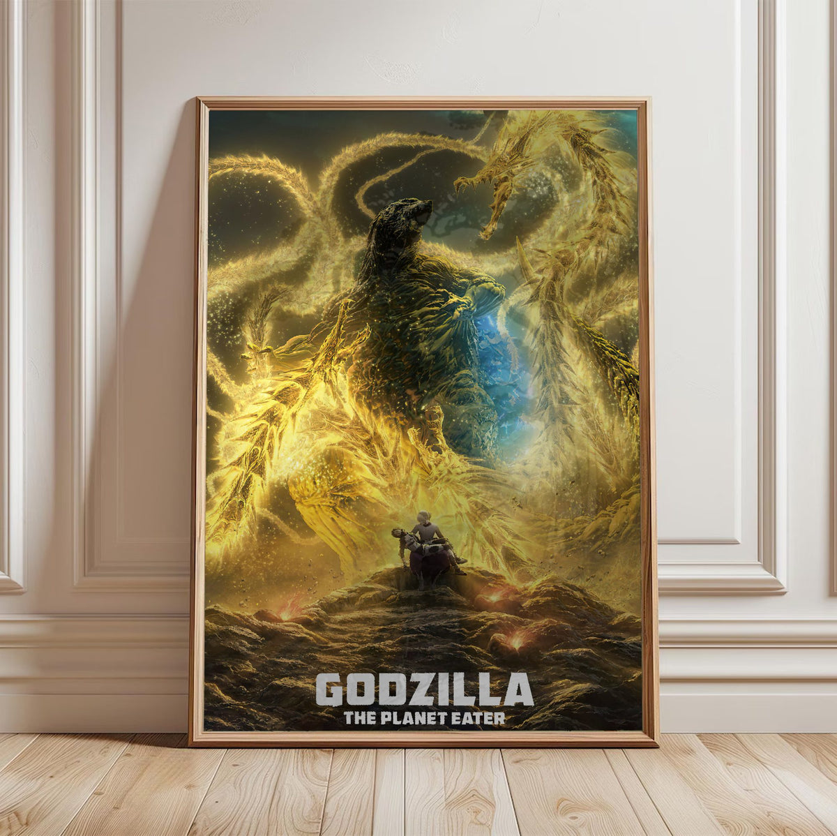 Godzilla: The Planet Eater (2018) Movie Key Art poster in a light oak frame leaning against a white wall