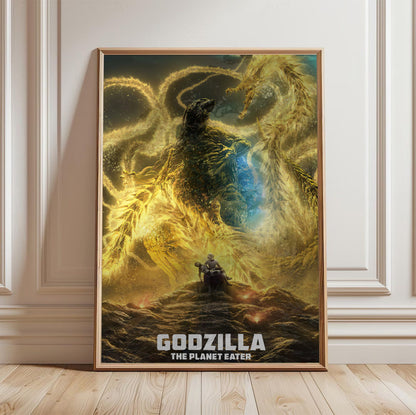 Godzilla: The Planet Eater (2018) Movie Key Art poster in a light oak frame leaning against a white wall