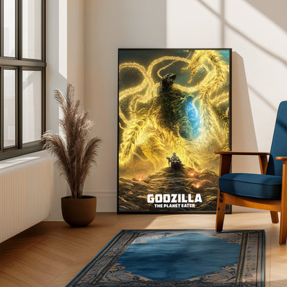 Godzilla: The Planet Eater (2018) Movie Key Art poster framed beside a blue armchair in a sunlit room