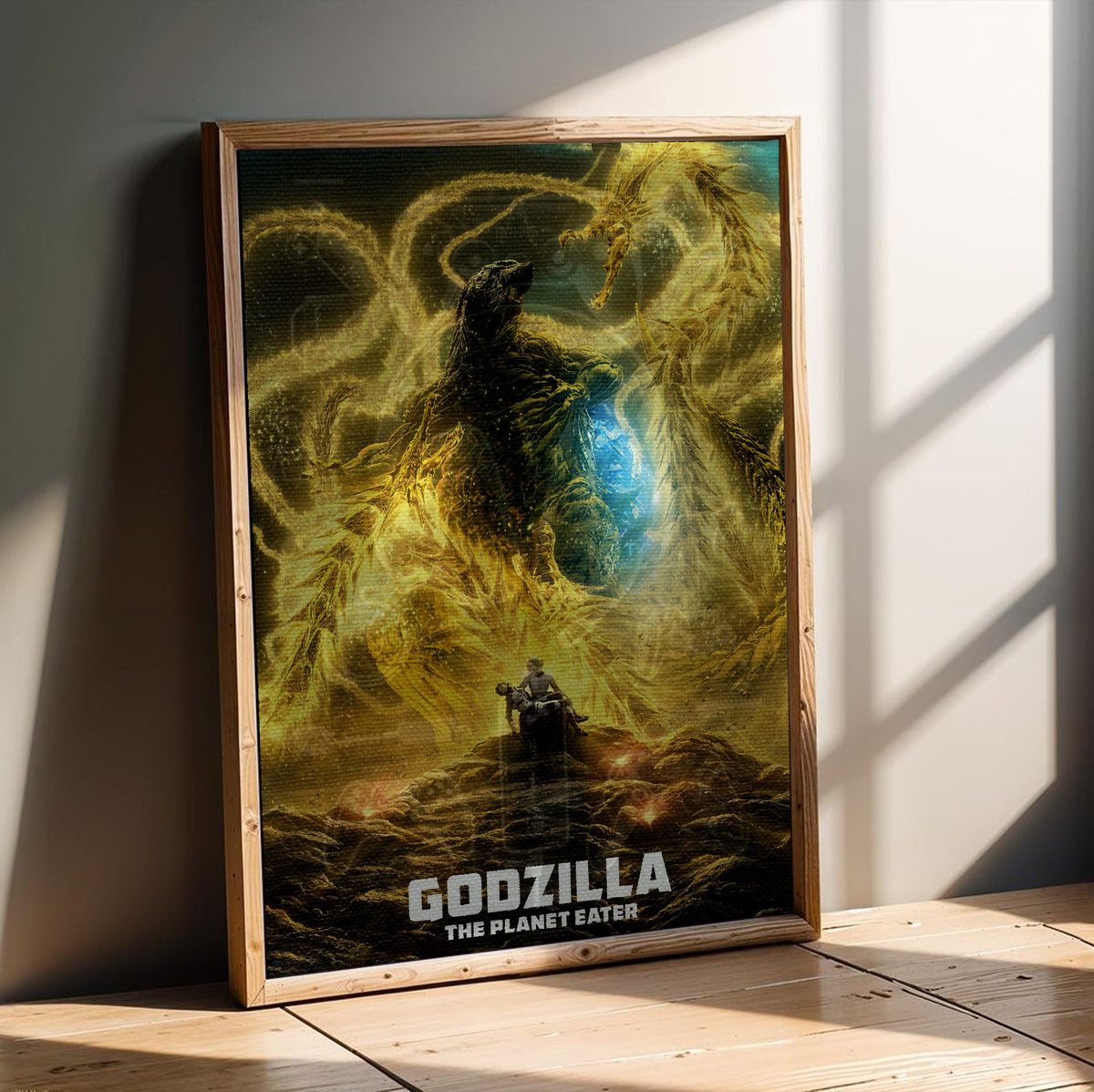 Godzilla: The Planet Eater (2018) Movie Key Art poster in an oak frame leaning on a wooden floor