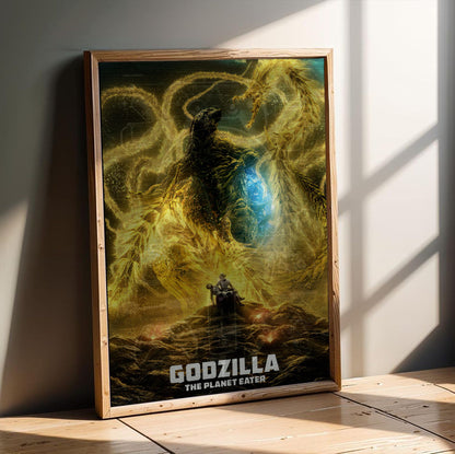 Godzilla: The Planet Eater (2018) Movie Key Art poster in an oak frame leaning on a wooden floor