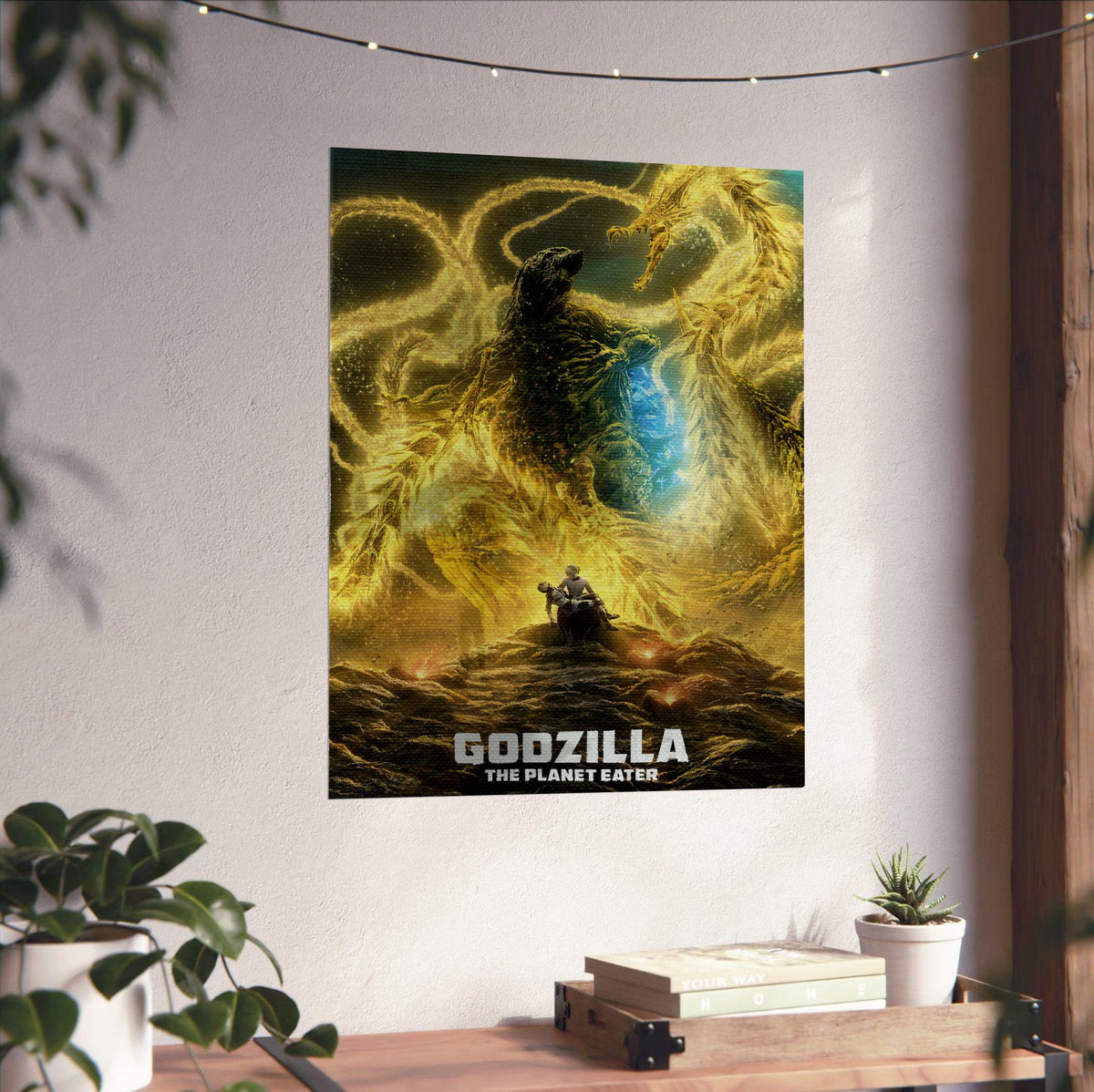 Godzilla: The Planet Eater (2018) Movie Key Art poster unframed on a white wall above a desk