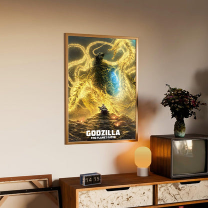 Godzilla: The Planet Eater (2018) Movie Key Art poster in an oak frame above a sideboard