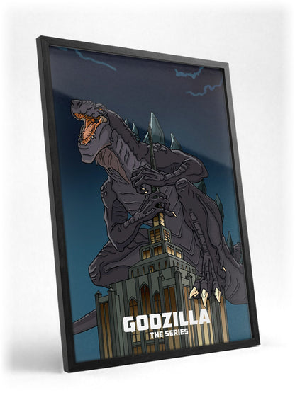 Godzilla: The Series Key Art poster in a black frame with glass leaning against a wall