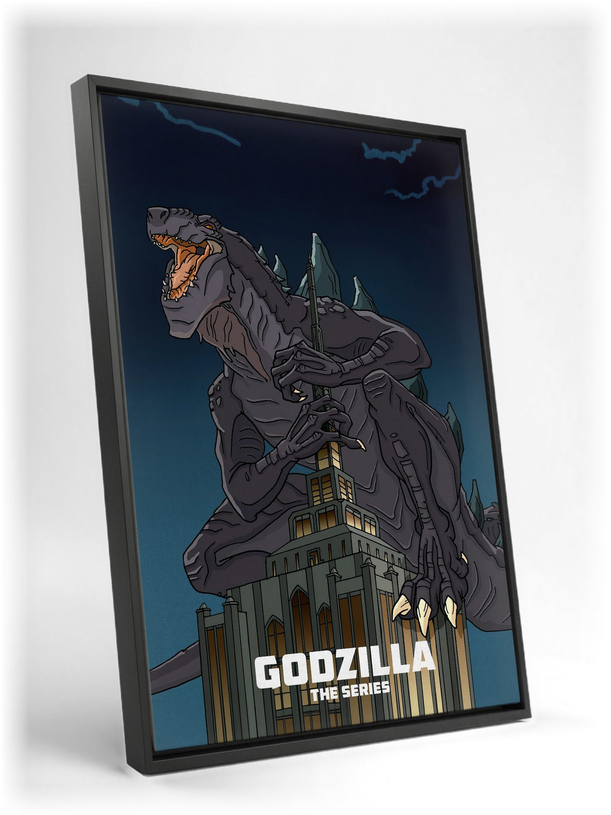 Godzilla: The Series Key Art as a black floater framed canvas leaning against a wall