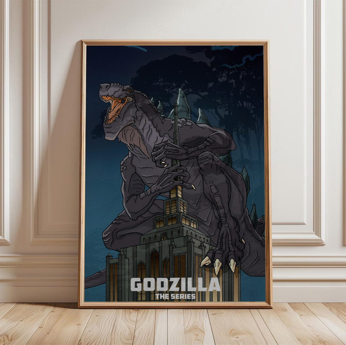 Godzilla: The Series Key Art poster in a light oak frame leaning against a white wall