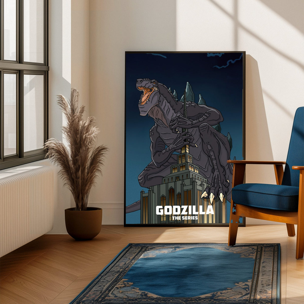 Godzilla: The Series Key Art poster framed beside a blue armchair in a sunlit room