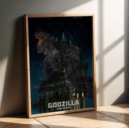 Godzilla: The Series Key Art poster in an oak frame leaning on a wooden floor