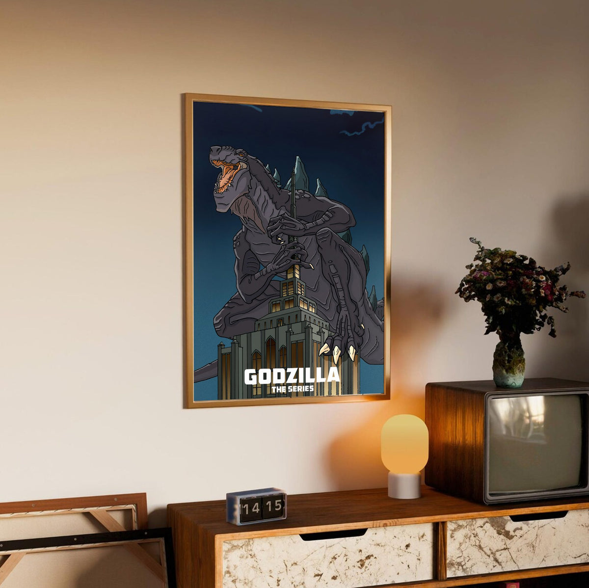 Godzilla: The Series Key Art poster in an oak frame above a sideboard