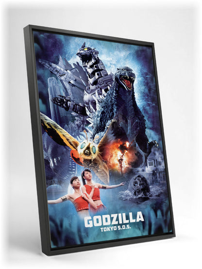 Godzilla: Tokyo S.O.S. (2003) Movie Key Art as a black floater framed canvas leaning against a wall