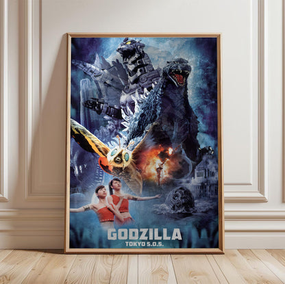 Godzilla: Tokyo S.O.S. (2003) Movie Key Art poster in a light oak frame leaning against a white wall