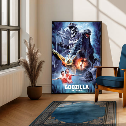 Godzilla: Tokyo S.O.S. (2003) Movie Key Art poster framed beside a blue armchair in a sunlit room