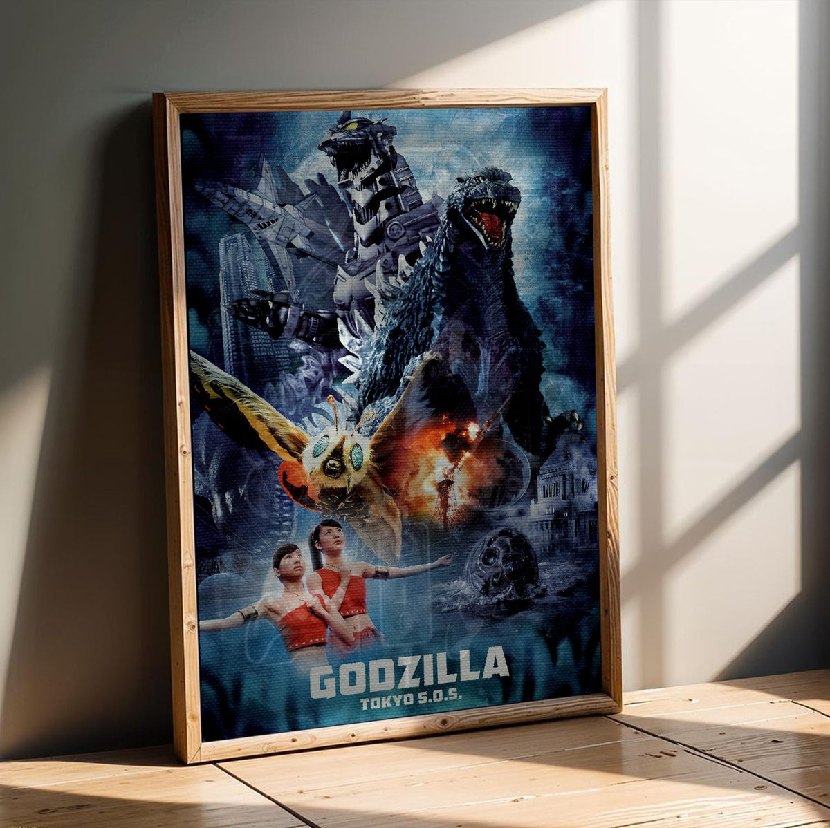Godzilla: Tokyo S.O.S. (2003) Movie Key Art poster in an oak frame leaning on a wooden floor