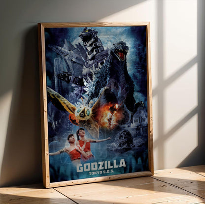 Godzilla: Tokyo S.O.S. (2003) Movie Key Art poster in an oak frame leaning on a wooden floor