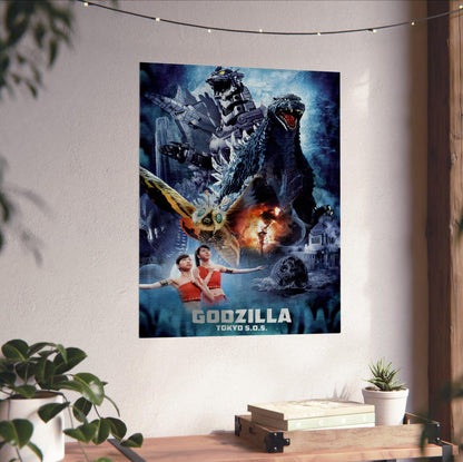 Godzilla: Tokyo S.O.S. (2003) Movie Key Art poster unframed on a white wall above a desk