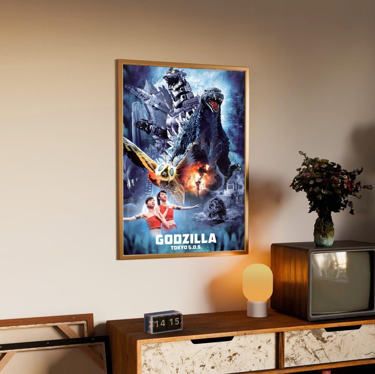Godzilla: Tokyo S.O.S. (2003) Movie Key Art poster in an oak frame above a sideboard