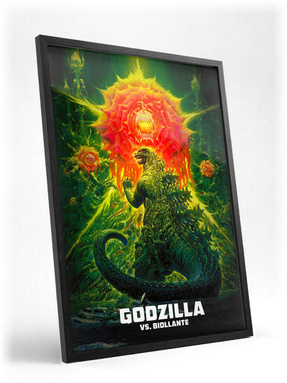 Godzilla vs. Biollante (1989) Movie Key Art poster in a black frame with glass leaning against a wall