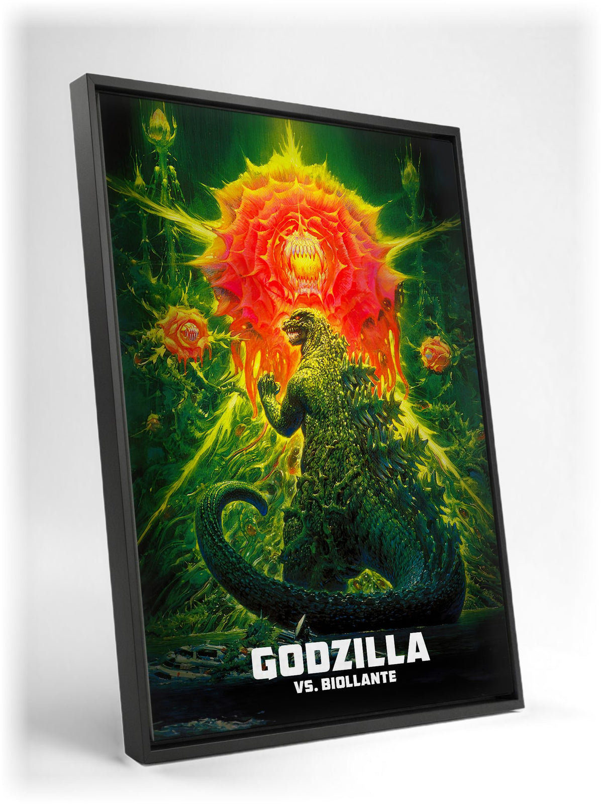 Godzilla vs. Biollante (1989) Movie Key Art as a black floater framed canvas leaning against a wall