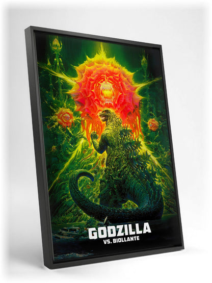 Godzilla vs. Biollante (1989) Movie Key Art as a black floater framed canvas leaning against a wall