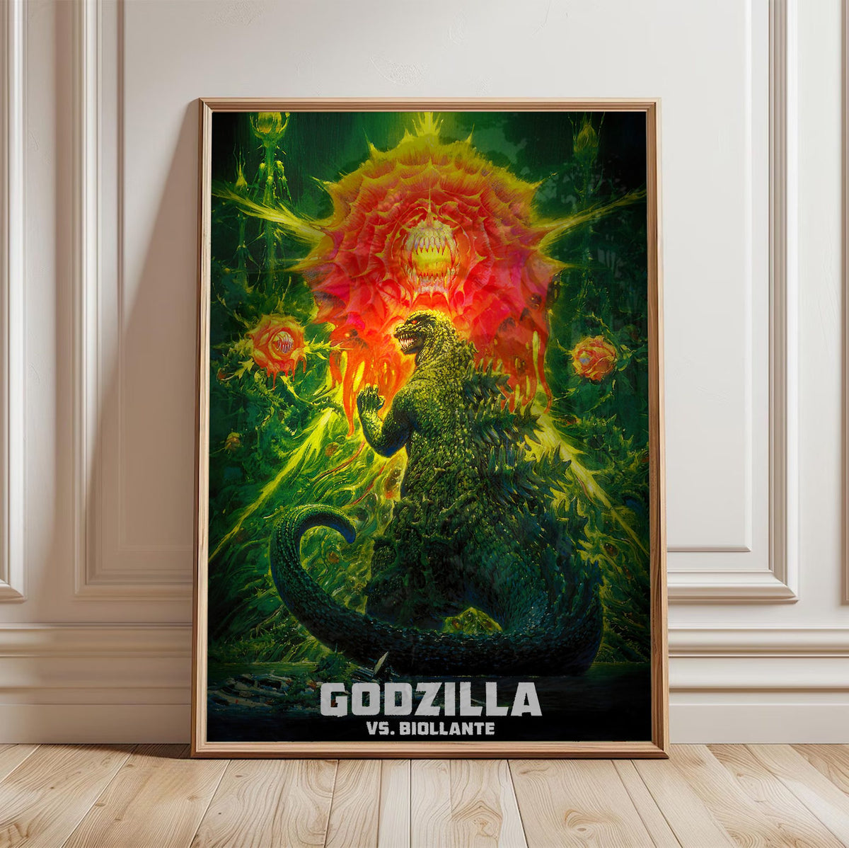 Godzilla vs. Biollante (1989) Movie Key Art poster in a light oak frame leaning against a white wall