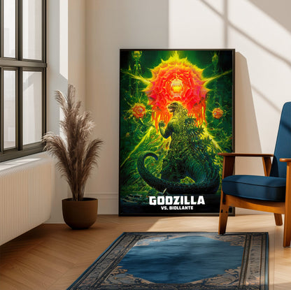 Godzilla vs. Biollante (1989) Movie Key Art poster framed beside a blue armchair in a sunlit room