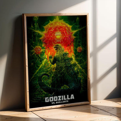 Godzilla vs. Biollante (1989) Movie Key Art poster in an oak frame leaning on a wooden floor