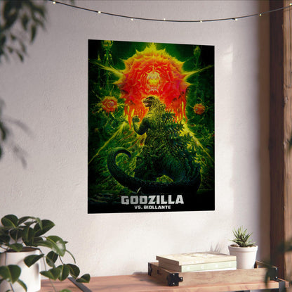 Godzilla vs. Biollante (1989) Movie Key Art poster unframed on a white wall above a desk