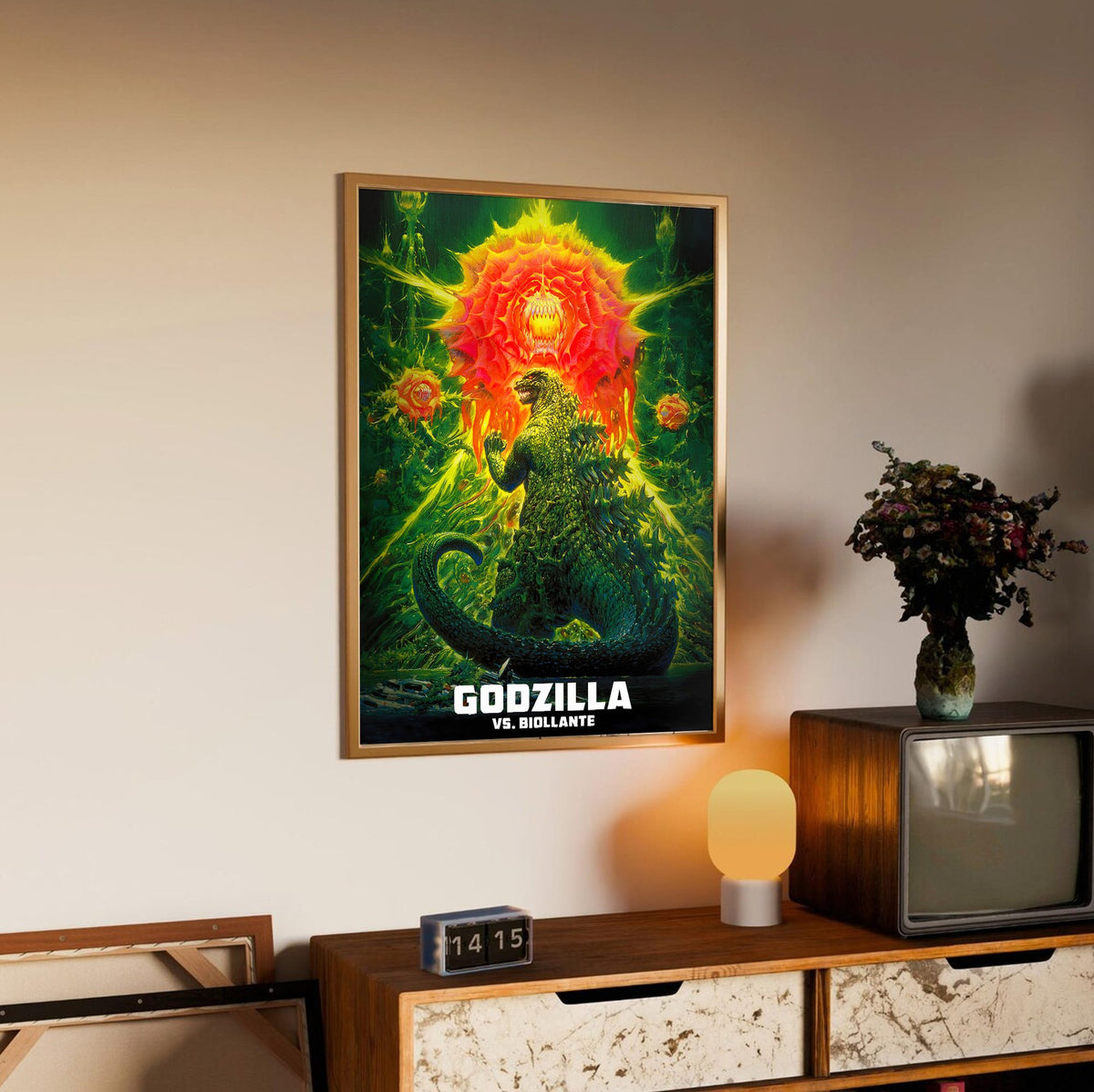 Godzilla vs. Biollante (1989) Movie Key Art poster in an oak frame above a sideboard