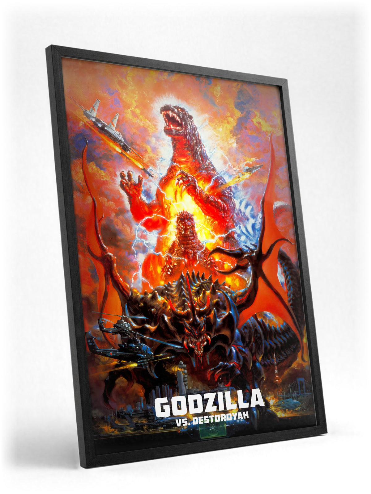 Godzilla vs. Destoroyah (1995) Movie Key Art poster in a black frame with glass leaning against a wall