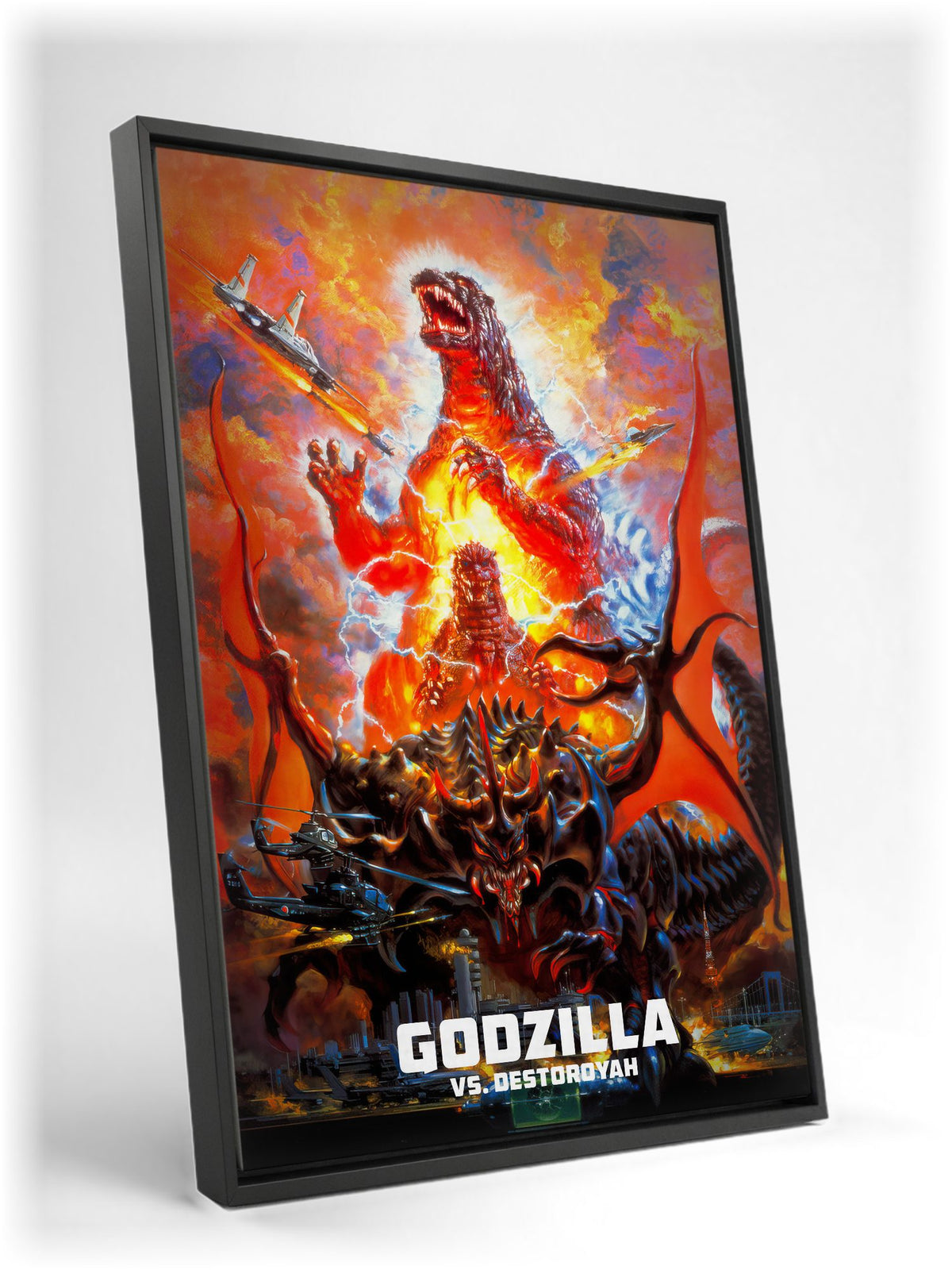 Godzilla vs. Destoroyah (1995) Movie Key Art as a black floater framed canvas leaning against a wall