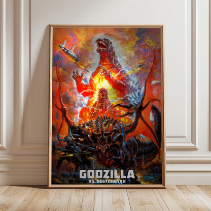 Godzilla vs. Destoroyah (1995) Movie Key Art poster in a light oak frame leaning against a white wall