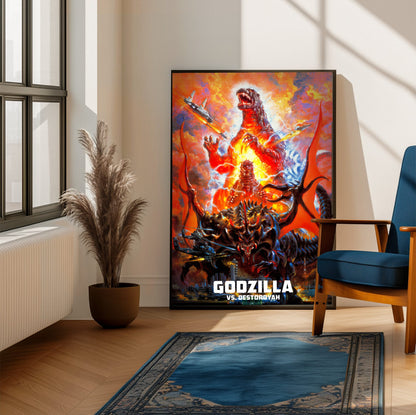 Godzilla vs. Destoroyah (1995) Movie Key Art poster framed beside a blue armchair in a sunlit room