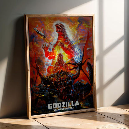 Godzilla vs. Destoroyah (1995) Movie Key Art poster in an oak frame leaning on a wooden floor