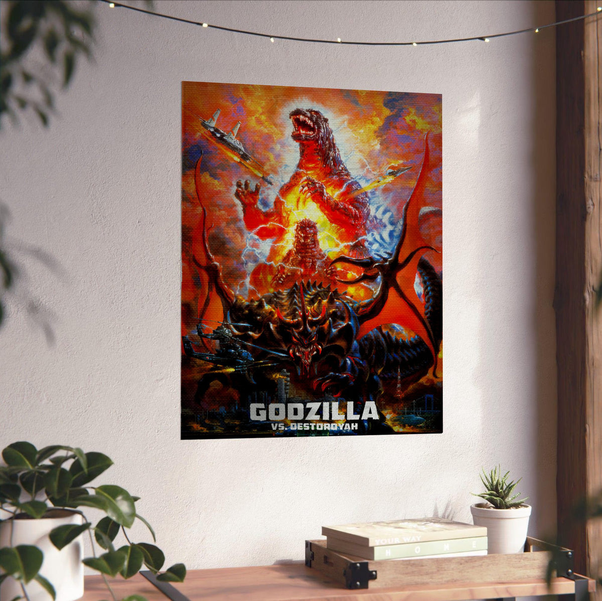 Godzilla vs. Destoroyah (1995) Movie Key Art poster unframed on a white wall above a desk
