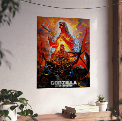 Godzilla vs. Destoroyah (1995) Movie Key Art poster unframed on a white wall above a desk