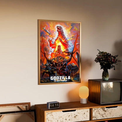 Godzilla vs. Destoroyah (1995) Movie Key Art poster in an oak frame above a sideboard