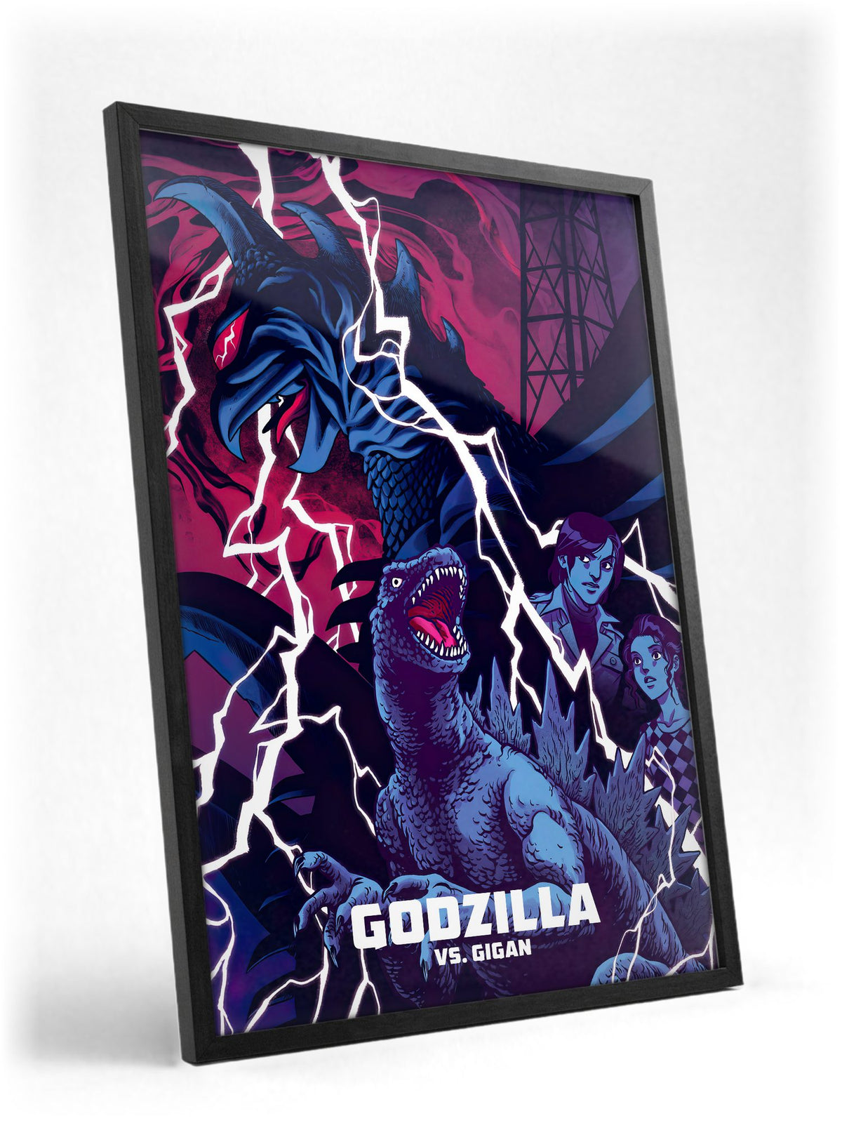 Godzilla vs. Gigan (1972) Movie Illustrated Art poster in a black frame with glass leaning against a wall
